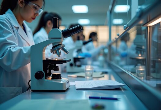 Biology Lab Workstation Featuring Microscopes and Dissection Tools Under Bright LED Lighting