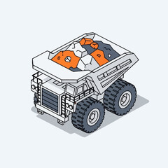 Heavy duty mining dump truck loaded with ore and rocks isometric illustration. © Vul
