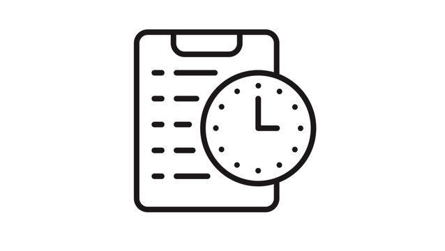 Black line vector icon illustration of a clipboard with a clock symbol, representing time management, scheduling, task planning, deadlines, and productivity on a white background.