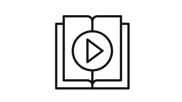 Minimalist black vector line icon of an open book with a play button symbol in the center, representing online learning, digital education, video tutorials, e-books, and multimedia training.