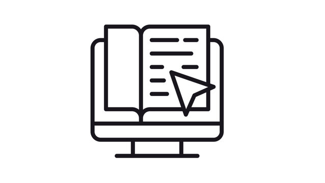 Online education and e-learning vector icon illustration featuring an open book on a computer monitor screen with a mouse cursor, representing digital learning, web courses, and virtual library.