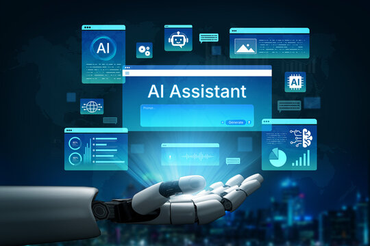 Future of work with AI assistant. Futuristic AI Assistant interface with multimodal predictive AI data analytics, voice recognition, and generative AI image creation on Predictive Dashboard. Corpus