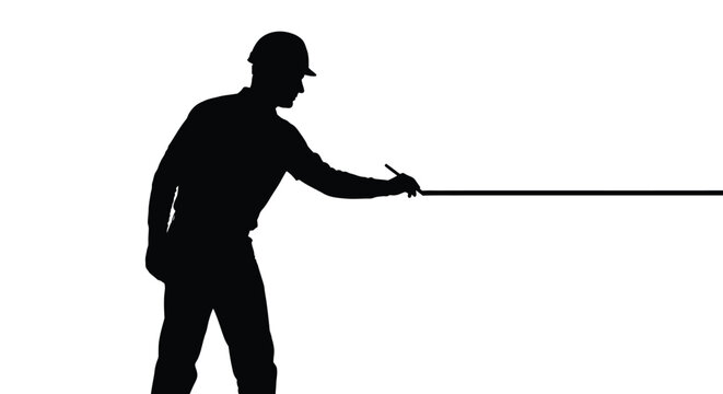 Silhouette vector illustration of an industrial construction worker drawing a straight line on white background