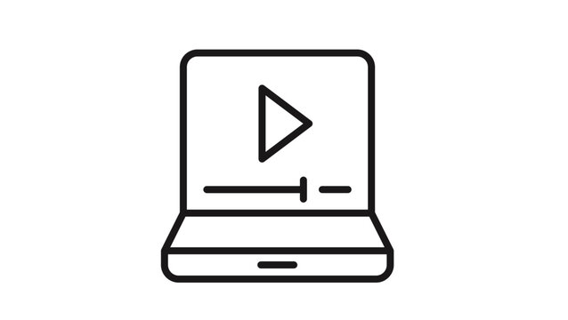 Minimalist black line vector icon of a laptop computer with a play button and progress bar on the screen, representing online video streaming, digital media playback, and e-learning concepts.