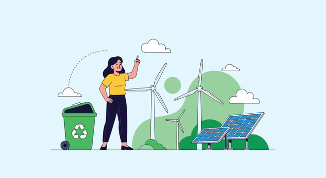 Environmentally conscious woman standing near a recycling bin with wind turbines and solar panels for sustainable energy.