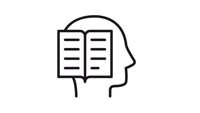 Vector icon illustration of a human head profile with an open book inside, symbolizing learning, education, knowledge, intelligence, and reading, minimalist black line art on white background.
