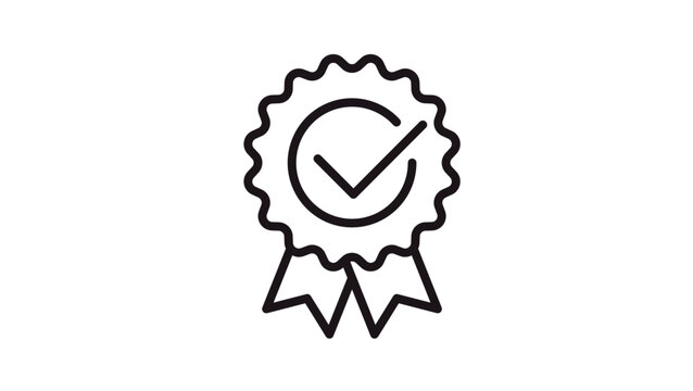 Black minimalist vector icon illustration of a quality guarantee badge with a checkmark and ribbons, symbolizing certification, approval, success, and premium standard for business use.