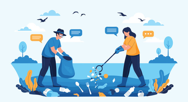 Group of volunteers cleaning up plastic bottles and waste from the ocean water to protect the marine environment and birds.