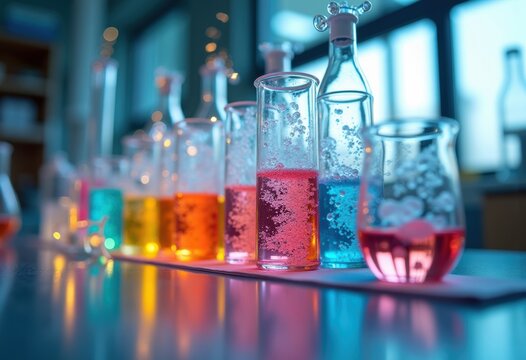 Dynamic Science Laboratory Experiment Raw Photo of Test Tubes and Safety Goggles in High-Detail Aesthetic Overhead View