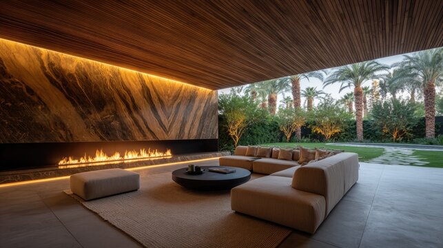 Luxurious contemporary outdoor living space features modern linear fireplace and tropical foliage view