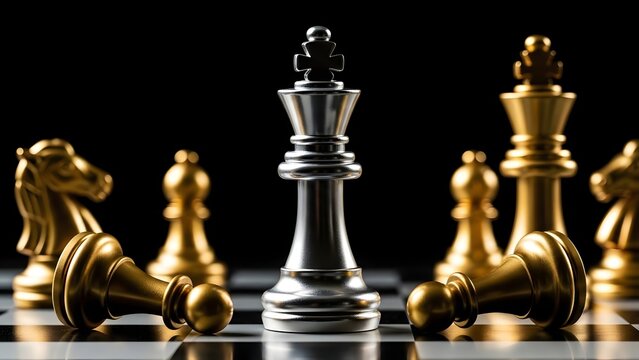 Silver king chess piece stands victorious amidst fallen golden pawns and other pieces on a chessboard.
