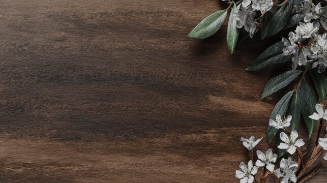Dark wooden surface provides background texture alongside dark green foliage and pale blossoms framing the right edge.