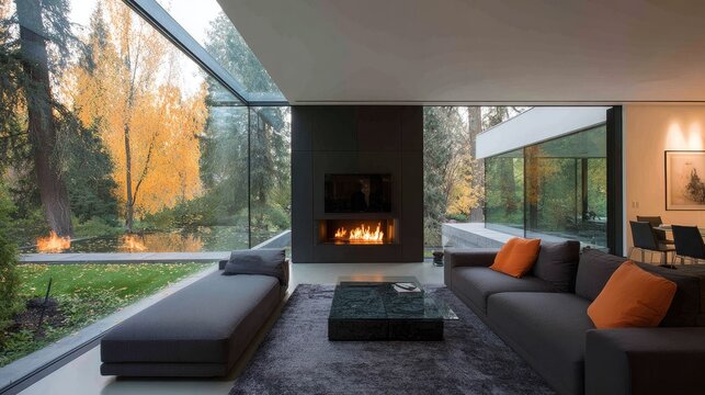 Luxurious modern interior living space features floor to ceiling windows overlooking autumn foliage and a tranquil water feature