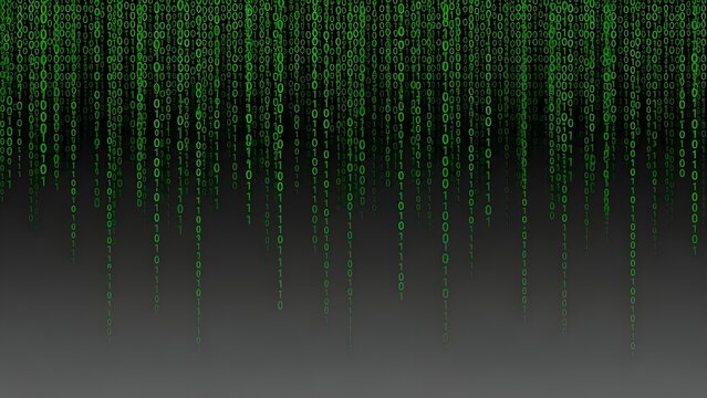 Falling green binary code cascades down a dark digital screen, symbolizing complex data and technology.