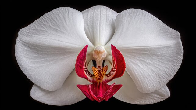 Symmetrical white orchid blossom features vibrant crimson and yellow details against absolute darkness