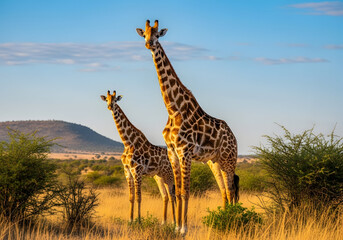 Fototapeta premium Two majestic giraffes standing in golden savanna grasslands at sunset with acacia trees and distant mountains in Africa