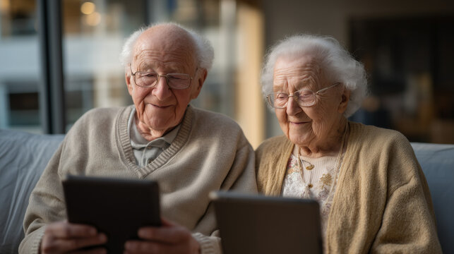 Two elderly twin subjects sitting side by side at hospital environment research station, epigenetics age comparison charts displayed between them on tablet screens, golden hour light through venetia