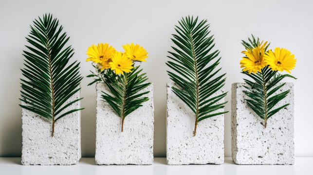 Four minimalist concrete blocks holding green palm fronds and bright yellow daisy type blossoms create a modern arrangement.