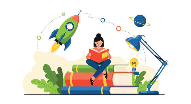Creative learning concept with a young girl reading on a stack of books while a rocket orbits her imaginative world.
