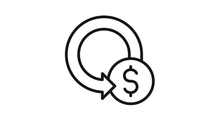 Minimalist black vector line icon of a circular arrow pointing to a dollar coin, symbolizing cash back, refund, return on investment, recurring payment, and financial cycle business concepts. © Asad