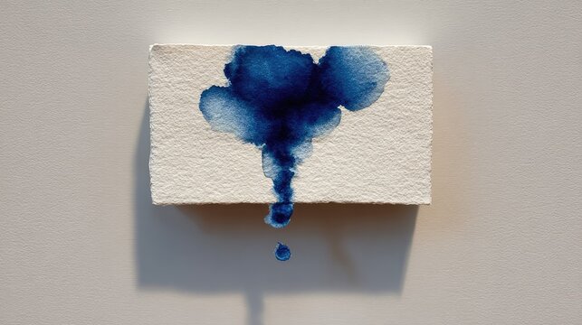 Small piece of textured paper features deep blue watercolor pigment bleeding downward