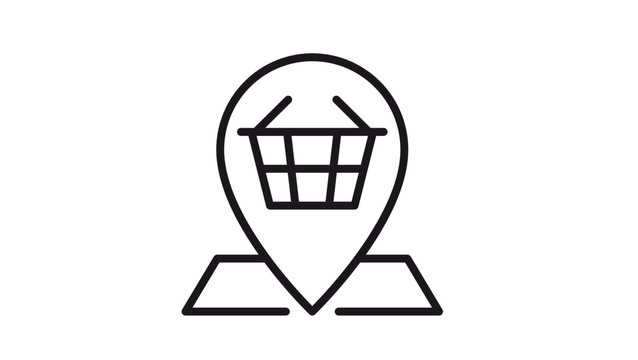 Shopping basket location map pin vector icon illustration. Minimalist black line art symbol for store finder, retail commerce, and e-commerce navigation. Scalable graphic for web and app design.