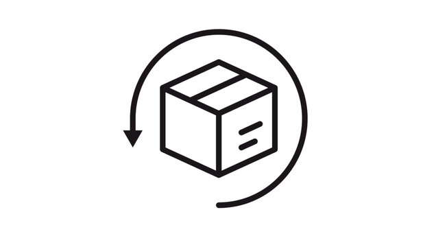 Black vector icon illustration of a cardboard box with a circular return arrow, representing package returns, shipping logistics, e-commerce delivery, and recycling symbols on white background.
