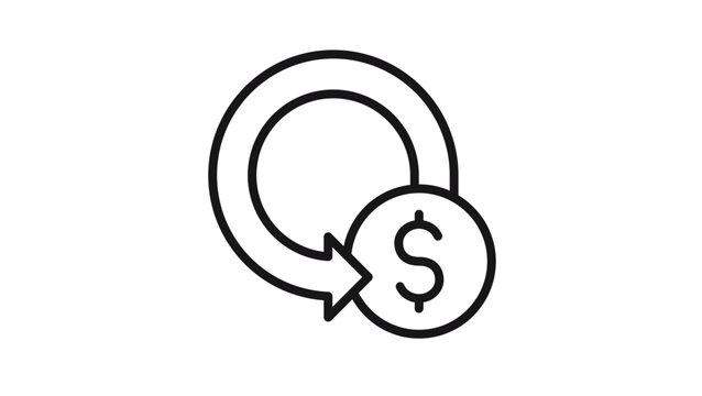 Minimalist black vector line icon of a circular arrow pointing to a dollar coin, symbolizing cash back, refund, return on investment, recurring payment, and financial cycle business concepts.