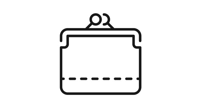 Minimalist black line art vector icon of a vintage coin purse or wallet with a metal clasp, representing money, savings, finance, and payment concepts for graphic design and web interfaces.