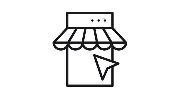 Minimalist black line vector illustration of an online store or digital shop, featuring a storefront awning integrated with a browser window and a mouse cursor arrow, representing e-commerce.