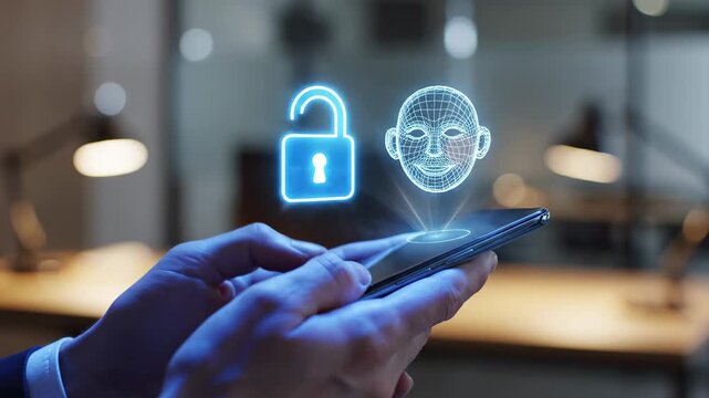 This content shows a person using a smartphone with face recognition technology and a lock icon on the screen in a modern office environment at night.