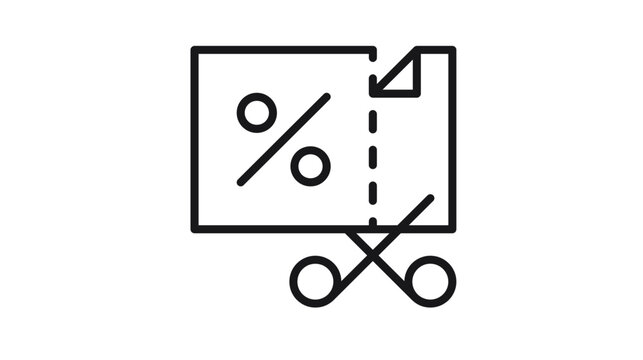 Black line art vector icon of a discount coupon or voucher featuring a percentage symbol, a dashed cutting line, and scissors, representing sales, promotions, and savings for e-commerce.