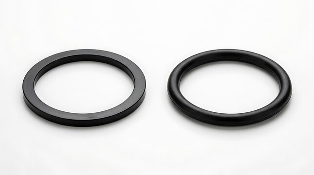Two black rubber Orings on white background for industrial or mechanical use