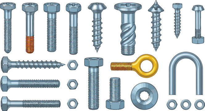 Metal bolts screws nuts and fasteners set, industrial hardware components collection, construction and engineering tools, detailed vector illustration