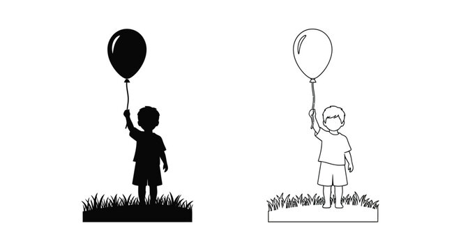 Children reaching for balloons in a simple black and white silhouette