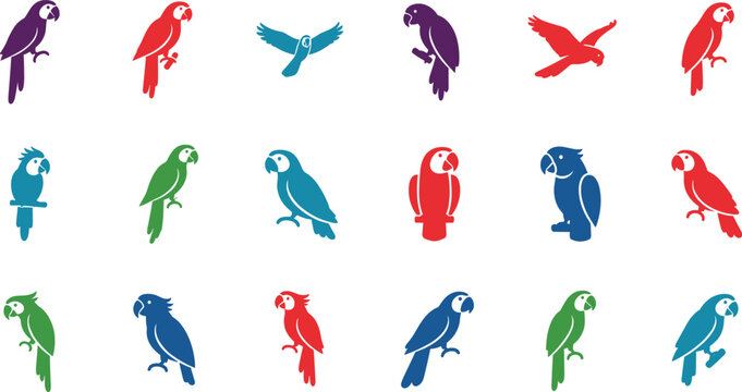 Colorful Parrot Icons Set Featuring Various Bird Species in Vibrant Colors for Websites, Apps, and Digital Media