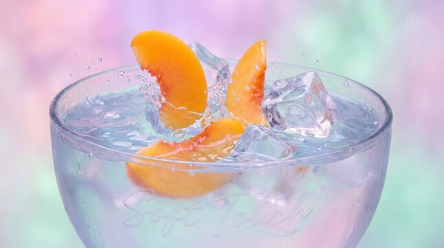 Macro shot of vivid Peach slices dramatically splashing into water with large ice cubes, pastel dreamcore aesthetic, hazy soft