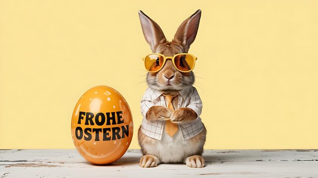 A cool easter bunny wearing sunglasses and a white shirt standing next to a festive yellow egg