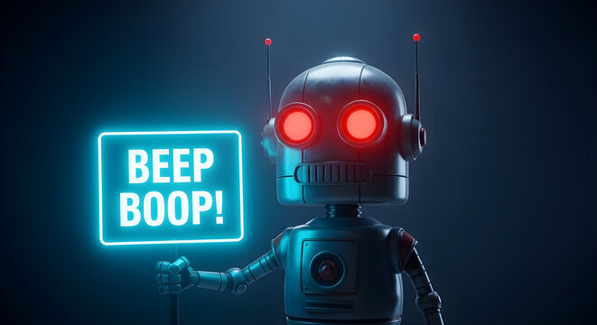 A retrostyle robot with glowing red eyes holding a neon sign that says beep boop against a dark, moody blue background