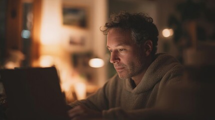 Obraz premium Middle-aged man sitting at a table with a laptop in front of him. he is wearing a grey hoodie and has curly hair and a beard.