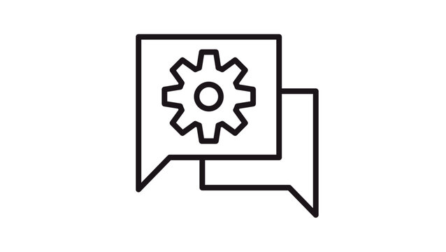 Technical support and chat settings vector icon illustration featuring two overlapping speech bubbles with a gear symbol, representing automated messaging, communication management, and help.