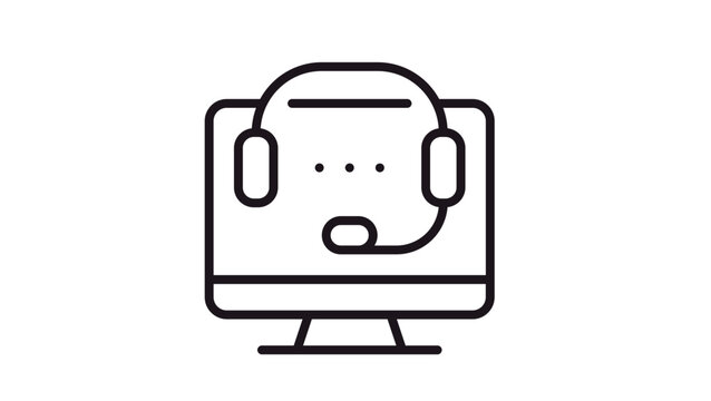 Customer support vector icon featuring a computer monitor and a headset with a microphone. Minimalist black line art illustration for online help, call center, technical assistance, and service.