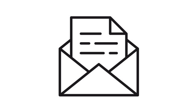 Open envelope with document vector icon. Black line illustration of a mail message, letter, or email notification. Minimalist symbol for communication, correspondence, and office business.