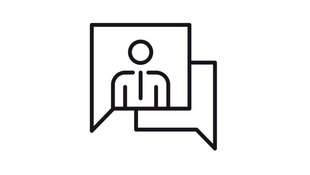 Black line vector icon of two speech bubbles with a person profile silhouette inside, representing communication, chat, user profile, customer support messaging, and social media interaction.