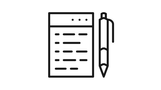 Black vector icon of a notepad with lines and a pen on the side, minimalist illustration of a notebook and writing tool, scalable symbol for office, education, and business documentation.