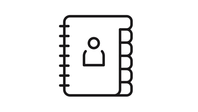 Minimalist address book vector icon illustration, black line art symbol of a contact directory with spiral binding and index tabs, professional organizer graphic for business and communication.