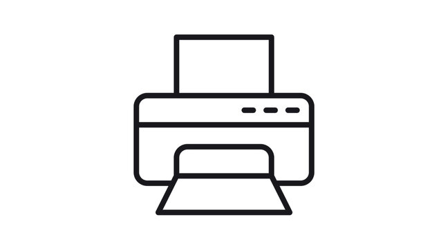 Black line vector icon illustration of a printer with paper tray and document output, minimalist office equipment symbol for printing digital files and paperwork, isolated on white background.