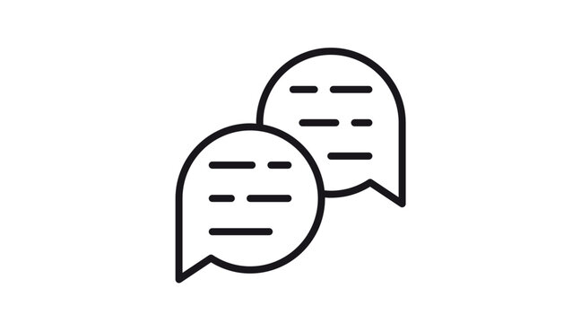 Minimalist black vector icon of two overlapping speech bubbles with text lines, representing a conversation, chat, or dialogue. Scalable line art illustration for messaging and communication.