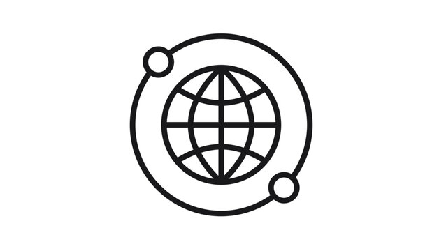 Global network and connectivity vector icon featuring a minimalist black line illustration of an earth globe with an orbiting ring and satellite nodes, perfect for technology and web design.