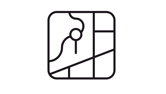 Minimalist black line vector icon of a city map with a location pin marker, representing navigation, GPS tracking, travel directions, and destination finding for mobile apps and web design.